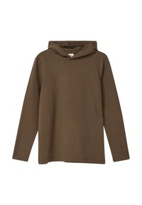 Brauner langärmeliger Hoodie aus weichem Baumwollmaterial. Verfügt über einen lockeren Schnitt, eine Kapuze und ein minimalistisches Design ohne Muster oder Akzente.