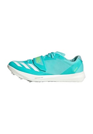 Lightweight running shoe with a turquoise upper, white accents, and a Velcro strap. Features a textured outsole for traction and stability.