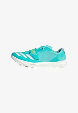 Lightweight running shoe with a turquoise upper, white accents, and a Velcro strap. Features a textured outsole for traction and stability.