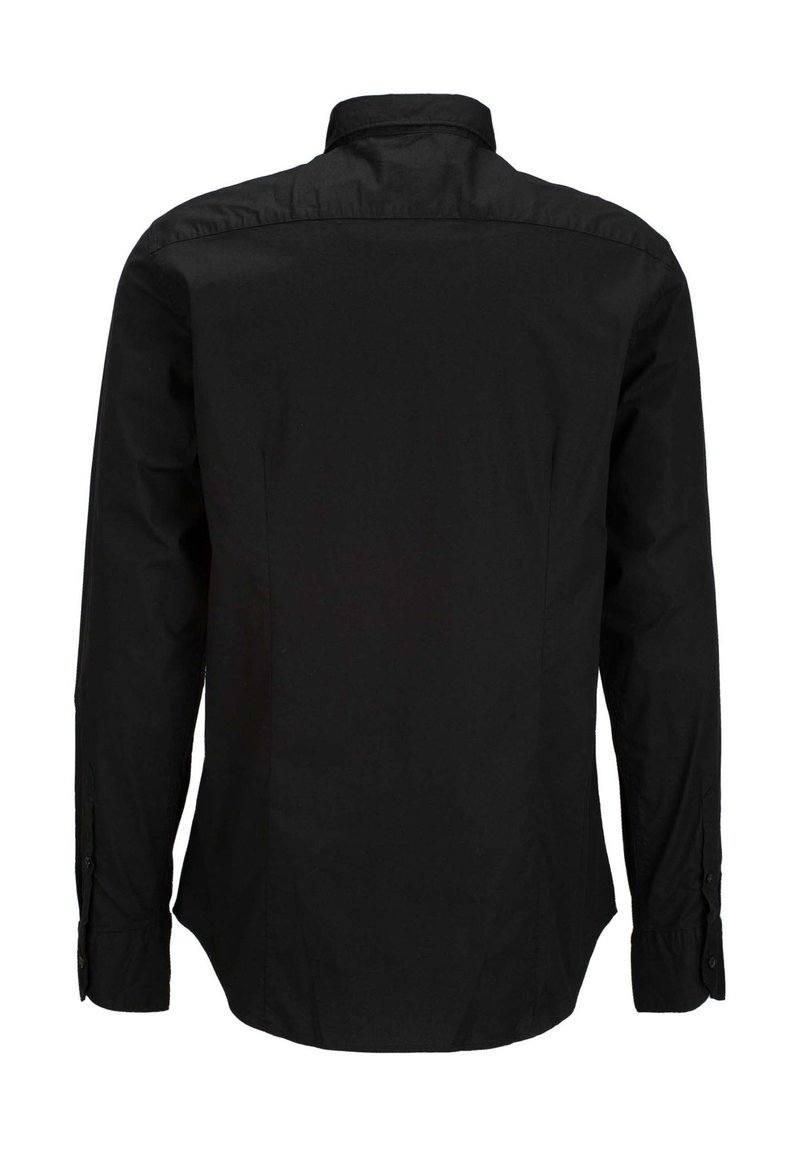 Camicia nera a maniche lunghe con colletto classico, tessuto liscio, design aderente e polsini con bottoni, vista posteriore semplice.
