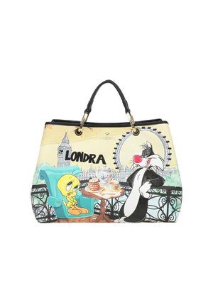 Borsa con Tweety seduto su una sedia blu e Silvestro in piedi vicino a un tavolo con teiera, monumenti di Londra e sfondo con testo "LONDRA".