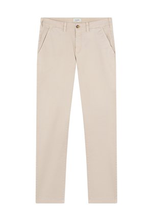 Pantalones beige de corte recto con bolsillos laterales, trabillas para cinturón, cierre de botón y una etiqueta visible de la marca en el interior de la cinturilla.