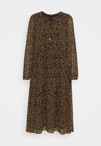 Musta pitkähiha mekko läpikuultavasta kankaasta, jossa on kultainen leopardikuvio, pyöreä pääntie ja kerroksittainen muotoilu. Sisältää solmittavan nauhan kauluksessa.