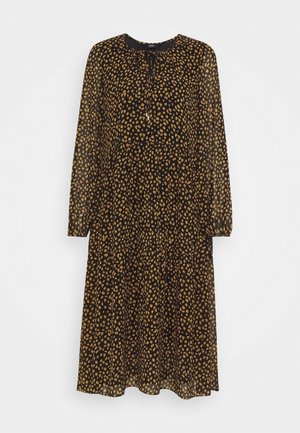 Robe noire à manches longues en tissu transparent avec un imprimé léopard doré, dotée d'un col rond et d'une conception à volants. Comprend un lien au niveau du col.