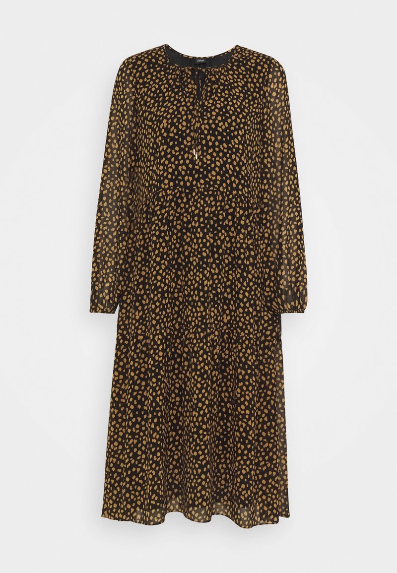 Musta pitkähiha mekko läpikuultavasta kankaasta, jossa on kultainen leopardikuvio, pyöreä pääntie ja kerroksittainen muotoilu. Sisältää solmittavan nauhan kauluksessa.