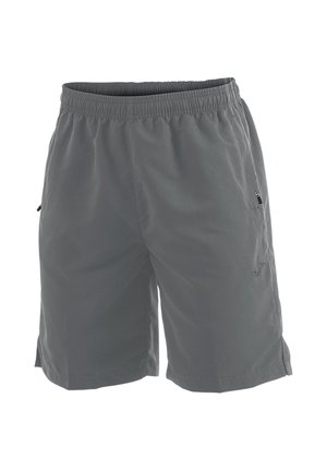 Grijze heren sportshorts met elastieke tailleband en zijzakken met rits, tot op de knie met een klein merklogo op het linkerbeen.