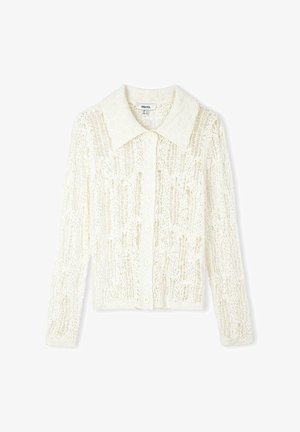 White knitted cardigan with a textured pattern, long sleeves, button front, and a crisp collar. Made from lightweight fabric.