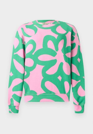 Pullover mit Rundhalsausschnitt, großen abstrakten grünen Blumenmotiven auf rosa Hintergrund, langen Ärmeln sowie gerippten Bündchen an Ärmeln und Saum.