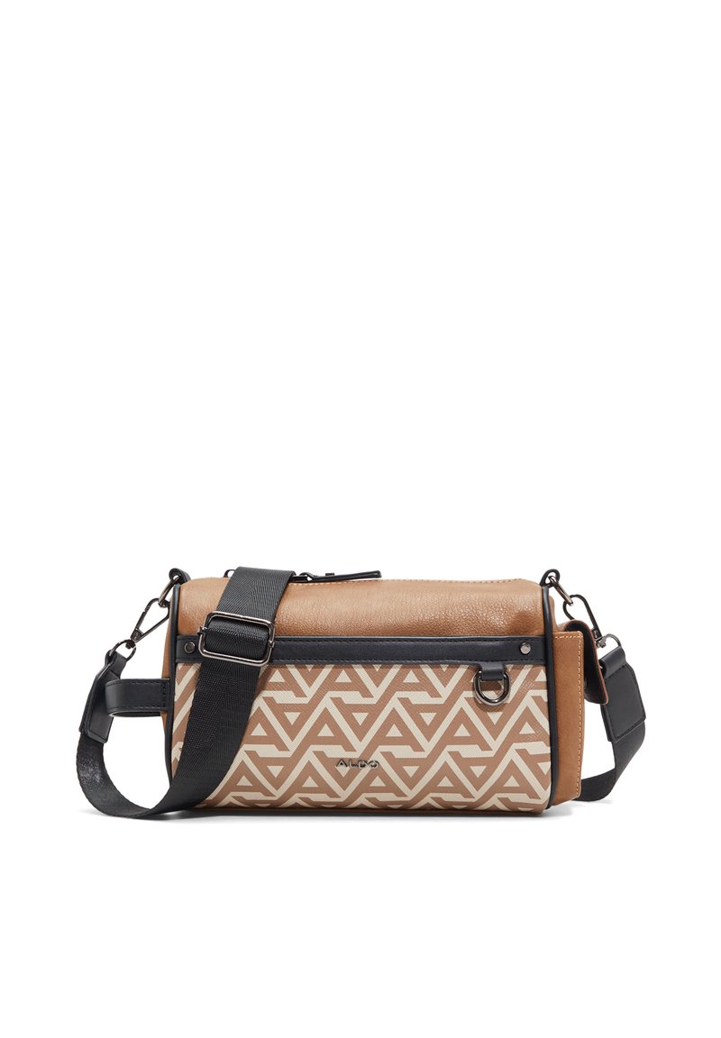 Braune und beige Umhängetasche mit geometrischem Muster; verfügt über eine glatte Oberseite und texturierte Seiten, einen verstellbaren Riemen und einen Reißverschluss.