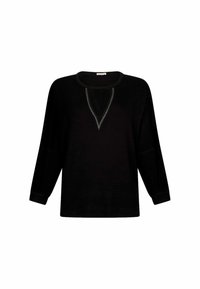 Maglietta nera a maniche lunghe con scollo a V, caratterizzata da cuciture decorative. Realizzata in un tessuto morbido, ha una vestibilità comoda e maniche con polsini.