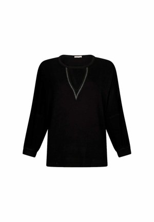 Maglietta nera a maniche lunghe con scollo a V, caratterizzata da cuciture decorative. Realizzata in un tessuto morbido, ha una vestibilità comoda e maniche con polsini.
