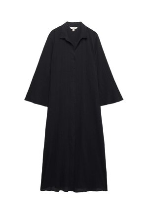 Robe noire à manches longues avec boutons, col et manches évasées, longueur midi, en tissu léger texturé.