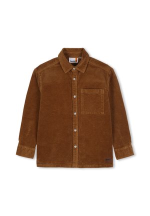 Bruine corduroy blouse met lange mouwen, kraag, borstzakje aan de linkerkant en Timberland-logo patch vlak bij de zoom.