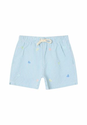 Pantalones cortos a rayas azul claro y blancas con pequeños lazos multicolores bordados y un cordón beige en la cintura elástica.