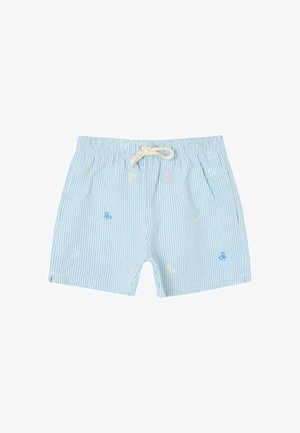 Pantalones cortos a rayas azul claro y blancas con pequeños lazos multicolores bordados y un cordón beige en la cintura elástica.