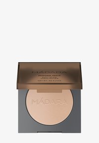 Highlighter MÁDARA Moonlight Soft Glow dans un compact noir carré avec un couvercle transparent brun, présentant une poudre lisse de beige clair.