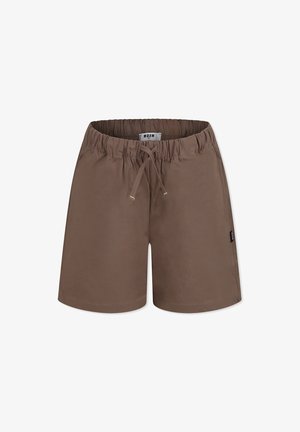 Pantaloni da bagno marroni realizzati in materiale liscio, con vita elastica e cordoncino, e una piccola etichetta del marchio sul lato.