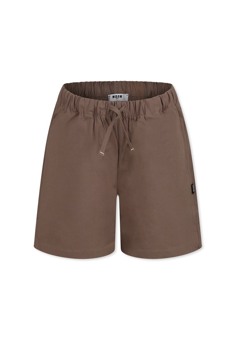Pantaloni da bagno marroni realizzati in materiale liscio, con vita elastica e cordoncino, e una piccola etichetta del marchio sul lato.