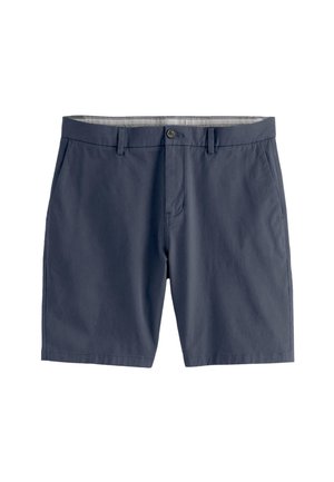 Jūriniai mėlynos spalvos šortai, pagaminti iš lengvos medžiagos, su knopke, dviem priekinėmis kišenėmis ir tiesaus kirpimo dizainu.