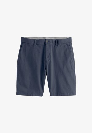 Námořnické modré kraťasy vyrobené z lehké tkaniny, s knoflíkovým zapínáním, dvěma předními kapsami a rovnými nohavicemi.