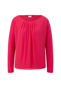 Langärmliges Oberteil in leuchtendem Pink, mit weitem Rundhalsausschnitt und gerafftem Detail an der Vorderseite für eine lässige Passform. Glatte, leichte Stoffqualität.