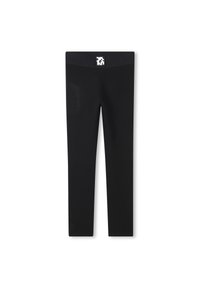 Leggings noirs fabriqués à partir d'un tissu extensible ; possèdent une texture lisse et une taille élastique avec une étiquette de logo. Longueur standard à la cheville.