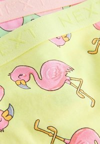 Biancheria intima multicolore con un motivo di fenicotteri su uno sfondo giallo chiaro, dotata di morbidi elastici rosa e verde chiaro.