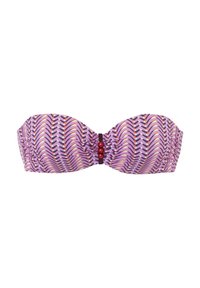 Lila Bandeau-Bikini-Oberteil mit Wellenmuster, verziert mit orangefarbenen und schwarzen Akzenten. Zentrale rote Dekoperlen und Raffung.
