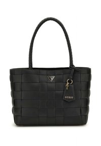 Geantă tote neagră țesută cu formă structurată, finisaj texturat și mânere împletite. Dispune de un logo de marcă metalic și un breloc.