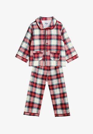 Set di pigiama a quadri rossi e verdi realizzato in tessuto morbido, con una camicia con collare e bottoni dotata di tasche e pantaloni abbinati.