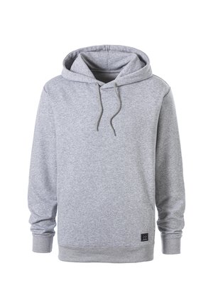 Grauer Kapuzenpullover mit Kängurutasche, Kapuze mit Kordelzug, gerippten Bündchen und Saum. Weiches Material mit einer subtilen Textur.