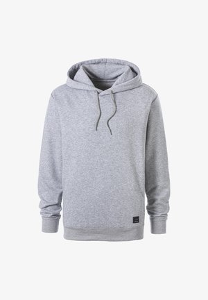 Gray hooded sweatshirt with a kangaroo pocket, drawstring hood, ribbed cuffs, and hem. Soft material with a subtle texture.