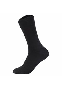Calcetín negro de algodón con una textura suave, altura a media pantorrilla y puntera y talón reforzados para mayor durabilidad. Diseño clásico sin patrones adicionales.