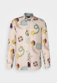 Light beige long-sleeve shirt featuring a colorful floral and abstract pattern, button-up front, and a classic collar design.