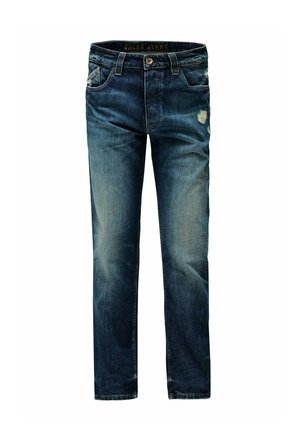 Jeans de mezclilla azul oscuro con corte recto, que presentan un acabado deslavado y pequeños detalles desgastados en la parte frontal. Diseño de cinco bolsillos.