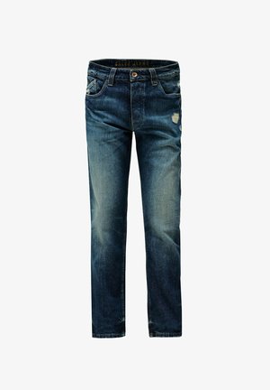 Temno modri kavbojki z naravnim fitom, ki imajo pobledel izgled in majhne poškodbe na sprednji strani. Oblika s petimi žepi.