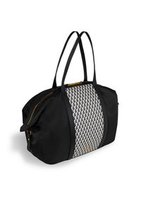 Borsa nera con manici lunghi e un pannello centrale caratterizzato da un motivo geometrico grigio e bianco, zip dorata e piccolo logo dorato.