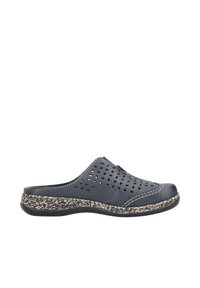 Marineblaue, durchbrochene Lederclogs mit einer strukturierten, naturmusterte Sohle und kontrastierenden Nähten entlang der Kanten. Der Schaft hat eine abgerundete Zehenpartie.