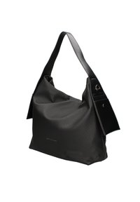 Borsa hobo in pelle nera con superficie testurizzata, dotata di una tracolla piatta regolabile e dettagli con logo impresso sulla parte anteriore.