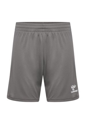 Gray athletic shorts made of smooth, lightweight material. Features an elastic waistband and a small white logo on the lower right side.
