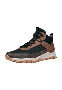 Schwarze und braune Wanderschuhe mit Obermaterial aus Mesh und Leder, lebhaften Schnürsenkeln, gepolstertem Kragen und einer Gummisohle mit strukturiertem Griff.