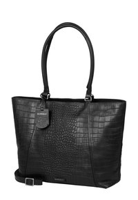 Zwarte leren schoudertas met krokodillenstructuur, dubbele handgrepen en een afneembare schouderriem. Beschikt over een merkteken aan de zijkant.