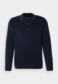 Polo à manches longues bleu marine foncé avec col, trois boutons et un discret passepoil clair le long des bords du col.