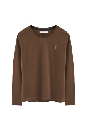 Braunes Langarmhemd aus weichem Material; hat einen Rundhalsausschnitt und ein kleines, gesticktes Logo auf der linken Brust.