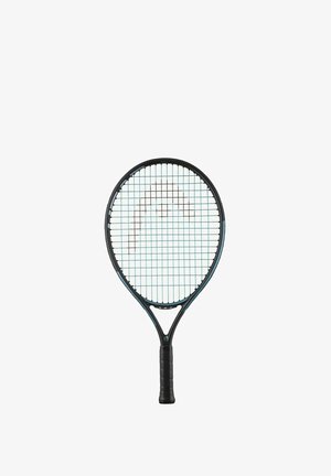 Black tennis racket with a textured grip, oval head featuring a turquoise grid pattern, and a slim, aerodynamic frame design.