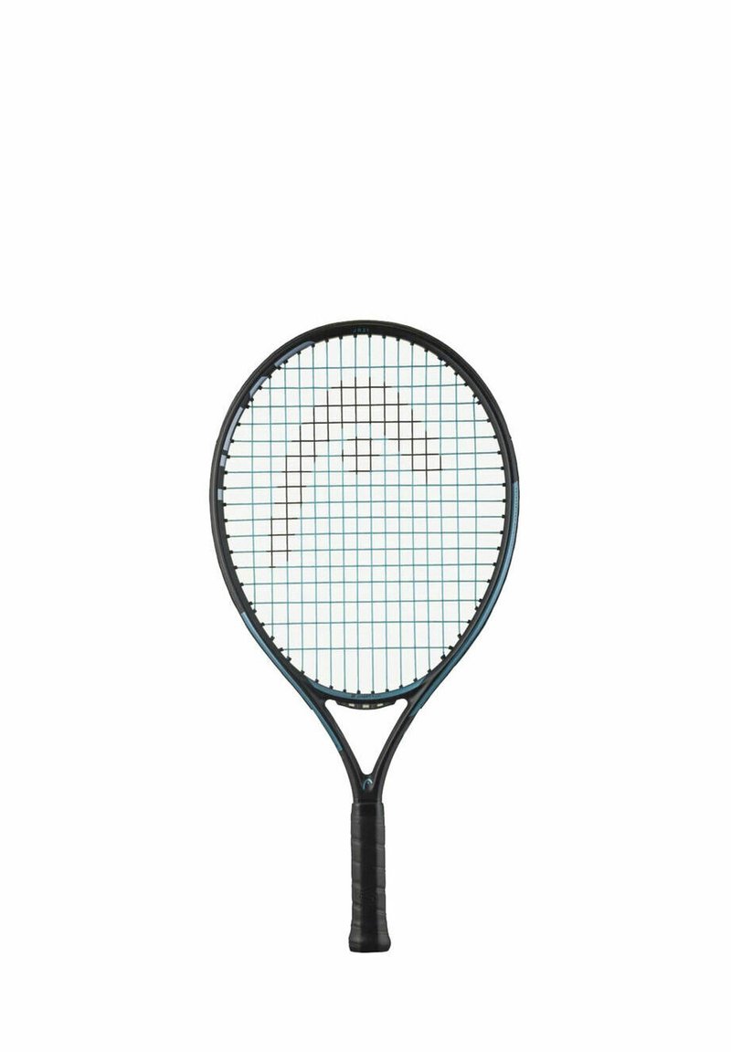 Zwarte tennisracket met een gestructureerde grip, ovale kop met een turquoise rasterpatroon en een slank, aerodynamisch frameontwerp.