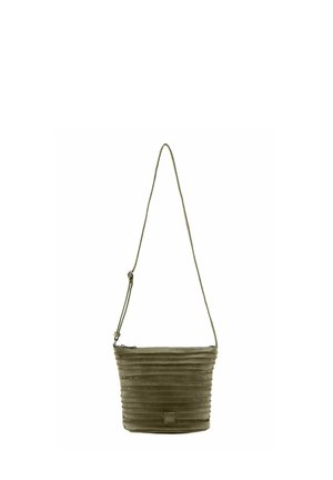 Sac bandoulière vert olive avec texture côtelée horizontale, sangle réglable et fermeture supérieure zippée.