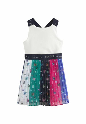 Pleated dress with white bodice, colorful sheer skirt in white, green, navy, pink, and purple. Patterns of butterflies and letters "B".