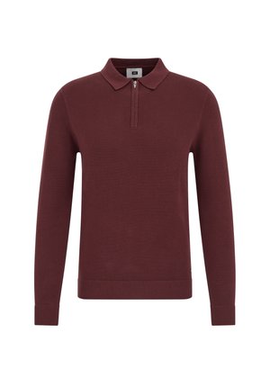 Vínový pulóver so zipsovým golierom, dlhými rukávmi, pletenou textúrou a rebrovanými manžetami a lemom. Jednoduchý, nezdobený dizajn.