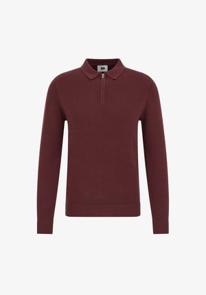 Vínový pulóver so zipsovým golierom, dlhými rukávmi, pletenou textúrou a rebrovanými manžetami a lemom. Jednoduchý, nezdobený dizajn.